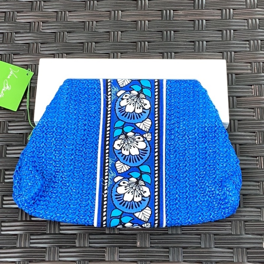 VB Straw Clutch Blue Bayou White Wooden Handle Frame Unique